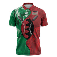 Personalized Kenya Maasai Shield Zipper Polo Shirt Green Red Kenyan Lion Half Style - Wonder Print Shop
