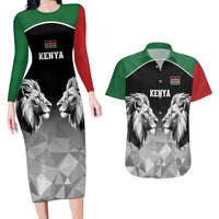 Kenya Rugby Custom Couples Matching Long Sleeve Bodycon Dress and Hawaiian Shirt Black Kenyan 22-23 Motif - Wonder Print Shop