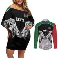 Kenya Rugby Custom Couples Matching Off Shoulder Short Dress and Long Sleeve Button Shirt Black Kenyan 22-23 Motif - Wonder Print Shop