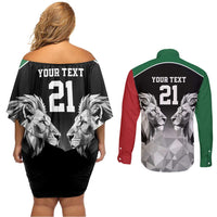 Kenya Rugby Custom Couples Matching Off Shoulder Short Dress and Long Sleeve Button Shirt Black Kenyan 22-23 Motif - Wonder Print Shop