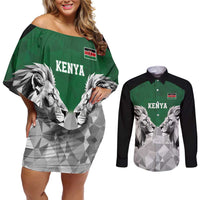 Kenya Rugby Custom Couples Matching Off Shoulder Short Dress and Long Sleeve Button Shirt Green Kenyan 22-23 Motif - Wonder Print Shop