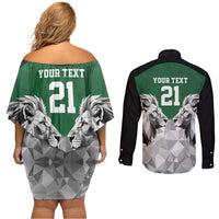 Kenya Rugby Custom Couples Matching Off Shoulder Short Dress and Long Sleeve Button Shirt Green Kenyan 22-23 Motif - Wonder Print Shop