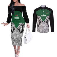Kenya Rugby Custom Couples Matching Off The Shoulder Long Sleeve Dress and Long Sleeve Button Shirt Green Kenyan 22-23 Motif - Wonder Print Shop