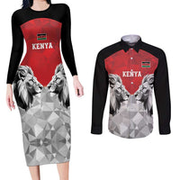 Kenya Rugby Custom Couples Matching Long Sleeve Bodycon Dress and Long Sleeve Button Shirt Red Kenyan 22-23 Motif - Wonder Print Shop