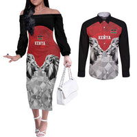 Kenya Rugby Custom Couples Matching Off The Shoulder Long Sleeve Dress and Long Sleeve Button Shirt Red Kenyan 22-23 Motif - Wonder Print Shop
