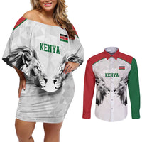 Kenya Rugby Custom Couples Matching Off Shoulder Short Dress and Long Sleeve Button Shirt White Kenyan 22-23 Motif - Wonder Print Shop
