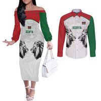 Kenya Rugby Custom Couples Matching Off The Shoulder Long Sleeve Dress and Long Sleeve Button Shirt White Kenyan 22-23 Motif - Wonder Print Shop
