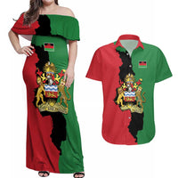 Malawi Flag Map Couples Matching Off Shoulder Maxi Dress and Hawaiian Shirt Simple Malawi Emblem Coat of Arms - Wonder Print Shop