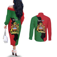 Malawi Flag Map Couples Matching Off The Shoulder Long Sleeve Dress and Long Sleeve Button Shirt Simple Malawi Emblem Coat of Arms - Wonder Print Shop