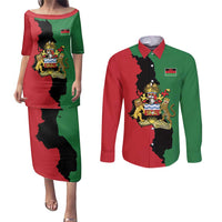 Malawi Flag Map Couples Matching Puletasi and Long Sleeve Button Shirt Simple Malawi Emblem Coat of Arms - Wonder Print Shop