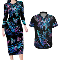 Polynesia Ribbon Butterflies Couples Matching Long Sleeve Bodycon Dress and Hawaiian Shirt Silver Fern Breast Cancer With Papua Shell Pattern LT9 - Wonder Print Shop