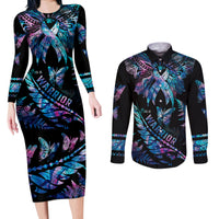 Polynesia Ribbon Butterflies Couples Matching Long Sleeve Bodycon Dress and Long Sleeve Button Shirts Silver Fern Breast Cancer With Papua Shell Pattern LT9 - Wonder Print Shop