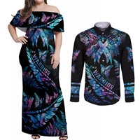 Polynesia Ribbon Butterflies Couples Matching Off Shoulder Maxi Dress and Long Sleeve Button Shirts Silver Fern Breast Cancer With Papua Shell Pattern LT9 - Wonder Print Shop