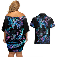 Polynesia Ribbon Butterflies Couples Matching Off Shoulder Short Dress and Hawaiian Shirt Silver Fern Breast Cancer With Papua Shell Pattern LT9 - Wonder Print Shop