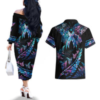 Polynesia Ribbon Butterflies Couples Matching Off The Shoulder Long Sleeve Dress and Hawaiian Shirt Silver Fern Breast Cancer With Papua Shell Pattern LT9 - Wonder Print Shop