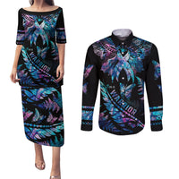 Polynesia Ribbon Butterflies Couples Matching Puletasi Dress and Long Sleeve Button Shirts Silver Fern Breast Cancer With Papua Shell Pattern LT9 - Wonder Print Shop