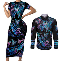 Polynesia Ribbon Butterflies Couples Matching Short Sleeve Bodycon Dress and Long Sleeve Button Shirts Silver Fern Breast Cancer With Papua Shell Pattern LT9 - Wonder Print Shop