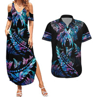 Polynesia Ribbon Butterflies Couples Matching Summer Maxi Dress and Hawaiian Shirt Silver Fern Breast Cancer With Papua Shell Pattern LT9 - Wonder Print Shop