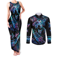 Polynesia Ribbon Butterflies Couples Matching Tank Maxi Dress and Long Sleeve Button Shirts Silver Fern Breast Cancer With Papua Shell Pattern LT9 - Wonder Print Shop