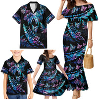 Polynesia Ribbon Butterflies Family Matching Mermaid Dress and Hawaiian Shirt Silver Fern Breast Cancer With Papua Shell Pattern LT9 - Wonder Print Shop