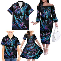Polynesia Ribbon Butterflies Family Matching Off Shoulder Long Sleeve Dress and Hawaiian Shirt Silver Fern Breast Cancer With Papua Shell Pattern - Wonder Print Shop