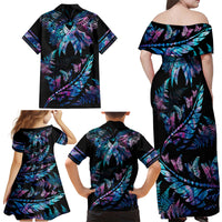Polynesia Ribbon Butterflies Family Matching Off Shoulder Long Sleeve Dress and Hawaiian Shirt Silver Fern Breast Cancer With Papua Shell Pattern - Wonder Print Shop