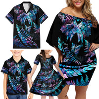 Polynesia Ribbon Butterflies Family Matching Off Shoulder Short Dress and Hawaiian Shirt Silver Fern Breast Cancer With Papua Shell Pattern LT9 - Wonder Print Shop