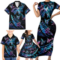 Polynesia Ribbon Butterflies Family Matching Short Sleeve Bodycon Dress and Hawaiian Shirt Silver Fern Breast Cancer With Papua Shell Pattern - Wonder Print Shop