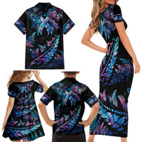 Polynesia Ribbon Butterflies Family Matching Short Sleeve Bodycon Dress and Hawaiian Shirt Silver Fern Breast Cancer With Papua Shell Pattern - Wonder Print Shop