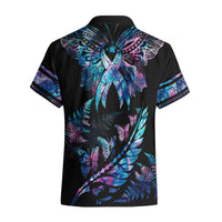 Black Hawaiian shirt back view with large blue-purple butterfly and fern print