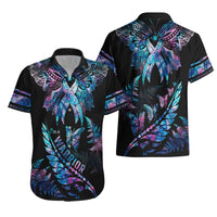 Black Hawaiian shirt set with front and back views, blue-purple butterfly and leaf pattern