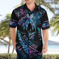 Black Hawaiian shirt worn by model: blue-purple butterfly, fern, and ribbon feather print