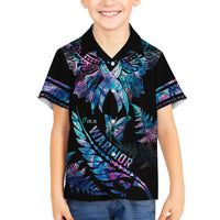 Polynesia Ribbon Butterflies Kid Hawaiian Shirt Silver Fern Breast Cancer With Papua Shell Pattern - Wonder Print Shop