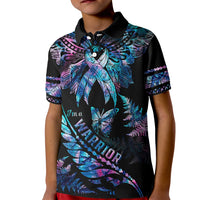 Polynesia Ribbon Butterflies Kid Polo Shirt Silver Fern Breast Cancer With Papua Shell Pattern - Wonder Print Shop