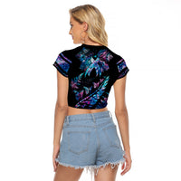 Polynesia Ribbon Butterflies Raglan Cropped T Shirt Silver Fern Breast Cancer With Papua Shell Pattern - Wonder Print Shop