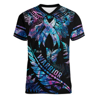 Polynesia Ribbon Butterflies Women V Neck T Shirt Silver Fern Breast Cancer With Papua Shell Pattern - Wonder Print Shop