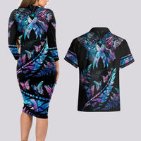 Personalised Polynesia Ribbon Butterflies Couples Matching Long Sleeve Bodycon Dress and Hawaiian Shirt Silver Fern Breast Cancer With Papua Shell Pattern LT9 - Wonder Print Shop
