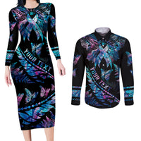 Personalised Polynesia Ribbon Butterflies Couples Matching Long Sleeve Bodycon Dress and Long Sleeve Button Shirts Silver Fern Breast Cancer With Papua Shell Pattern LT9 - Wonder Print Shop