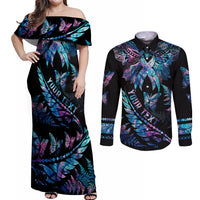 Personalised Polynesia Ribbon Butterflies Couples Matching Off Shoulder Maxi Dress and Long Sleeve Button Shirts Silver Fern Breast Cancer With Papua Shell Pattern LT9 - Wonder Print Shop