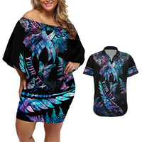 Personalised Polynesia Ribbon Butterflies Couples Matching Off Shoulder Short Dress and Hawaiian Shirt Silver Fern Breast Cancer With Papua Shell Pattern LT9 - Wonder Print Shop
