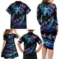 Personalised Polynesia Ribbon Butterflies Family Matching Long Sleeve Bodycon Dress and Hawaiian Shirt Silver Fern Breast Cancer With Papua Shell Pattern LT9 - Wonder Print Shop