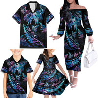 Personalised Polynesia Ribbon Butterflies Family Matching Off Shoulder Long Sleeve Dress and Hawaiian Shirt Silver Fern Breast Cancer With Papua Shell Pattern - Wonder Print Shop