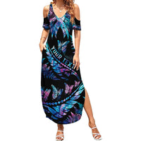 Personalised Polynesia Ribbon Butterflies Family Matching Summer Maxi Dress and Hawaiian Shirt Silver Fern Breast Cancer With Papua Shell Pattern - Wonder Print Shop