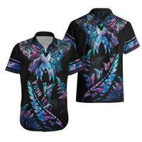 Black Hawaiian shirt with colorful butterfly and feather print, short sleeves, button-front