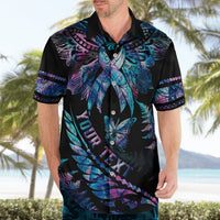 Black Hawaiian shirt on model, colorful butterfly and feather print, short sleeves, collar