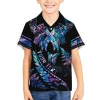 Personalised Polynesia Ribbon Butterflies Kid Hawaiian Shirt Silver Fern Breast Cancer With Papua Shell Pattern - Wonder Print Shop