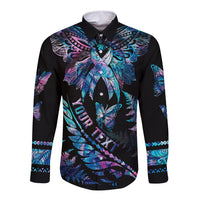 Personalised Polynesia Ribbon Butterflies Long Sleeve Button Shirt Silver Fern Breast Cancer With Papua Shell Pattern - Wonder Print Shop