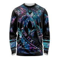 Personalised Polynesia Ribbon Butterflies Long Sleeve Shirt Silver Fern Breast Cancer With Papua Shell Pattern - Wonder Print Shop