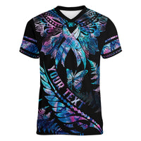 Personalised Polynesia Ribbon Butterflies Women V Neck T Shirt Silver Fern Breast Cancer With Papua Shell Pattern - Wonder Print Shop