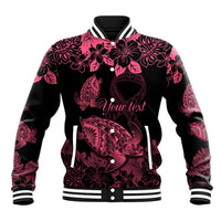 Personalised Polynesian Turtle Ribbon Baseball Jacket Think Pink Breast Cancer With Pacific Hibiscus LT9 - Wonder Print Shop
